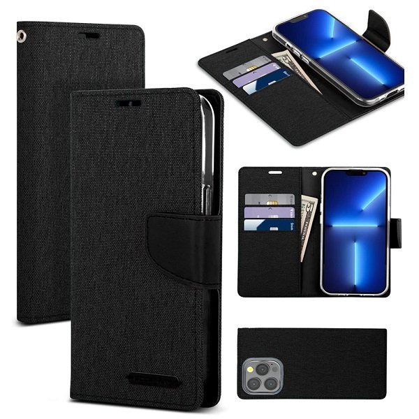 Goospery Canvas Black Apple iPhone 13 Pro Max Wallet Case Cover Goospery Canvas Black Apple iPhone 13 Pro Max Wallet Case Cover